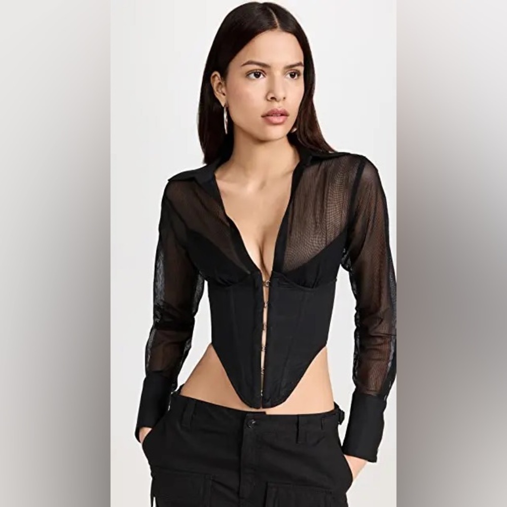 New Dion Lee Grid Corset Shirt Sheer Blouse Black Bustier Long Sleeve Mesh Top